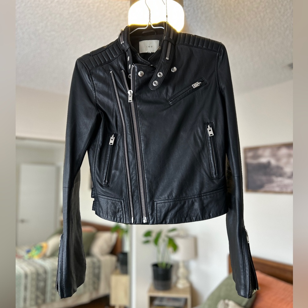IRO Black Quilted-Shoulder Lamb Leather Moto Jacket
